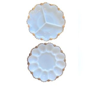 Vintage Milk glass gold rimmed serving platters for deviled eggs and vegetables